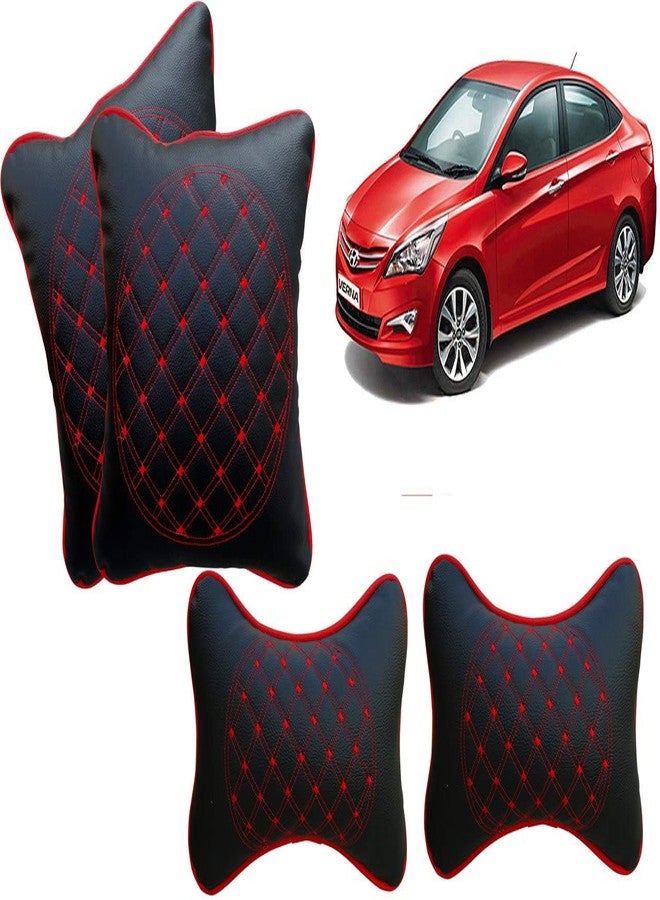 Selifaur Black and Red Double Quilted Car Cushion and Neck Rest Pillow Set of 4 for Verna Fluidic 4S - Image 1